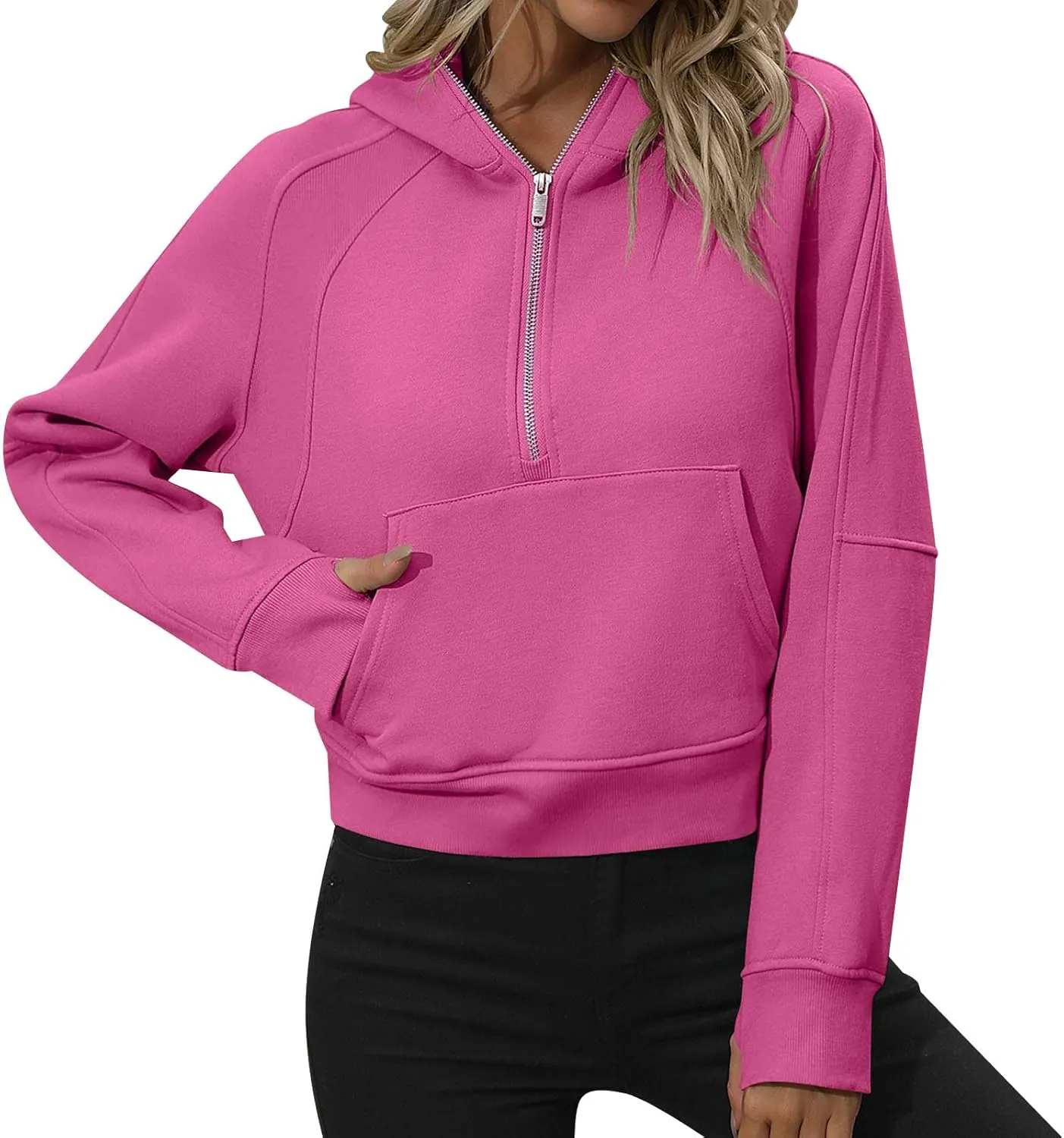 Women Fleece Half Zip Pullover Cropped Hoodies Plain Quarter Zip Up Sweatshirts Hooded Winter Fall Fashion