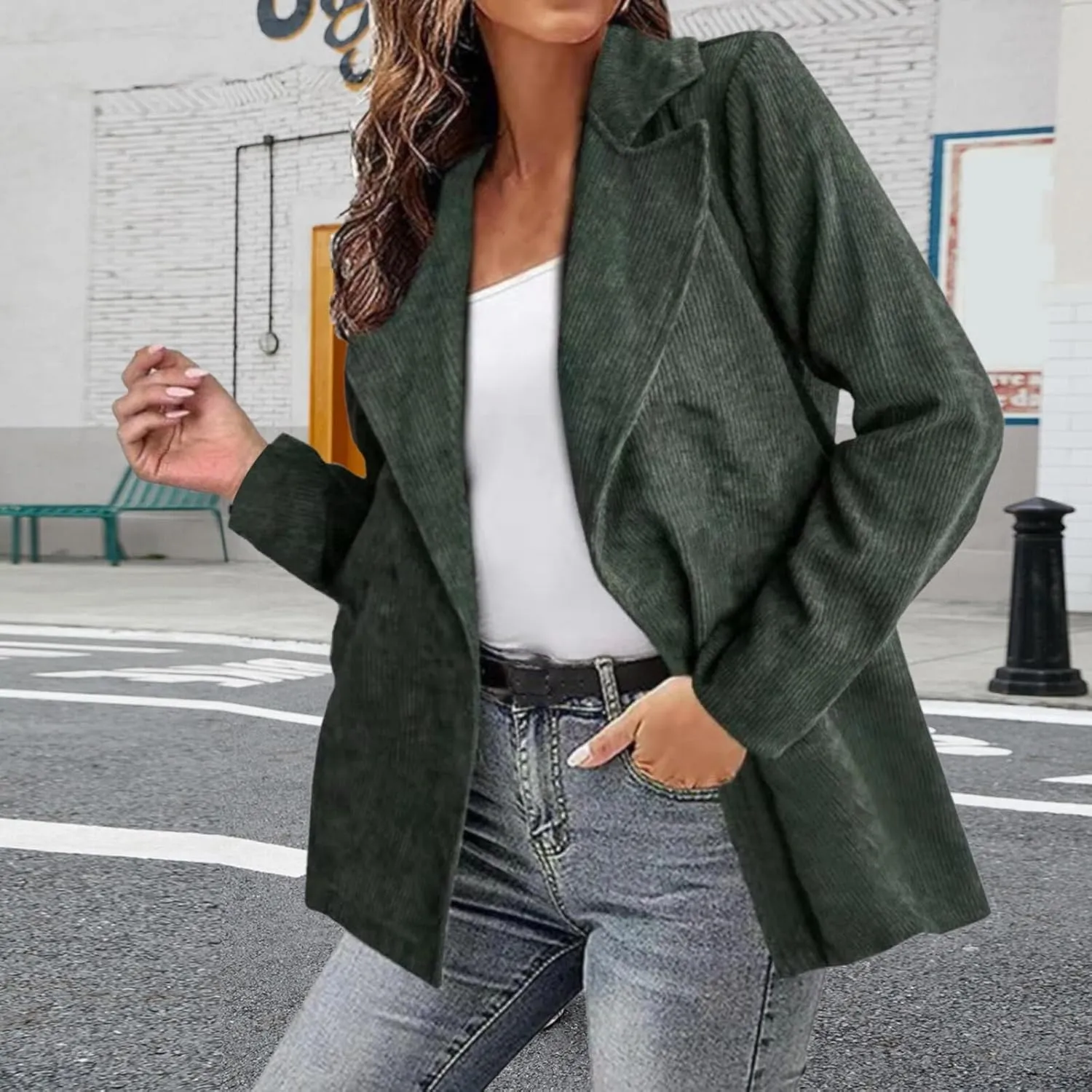 Women Lapel Corduroy Blazer 2024 Fashion Fall Winter Chunky Warm Jacket Cozy Work Office Long Sleeve Oversize Outwear