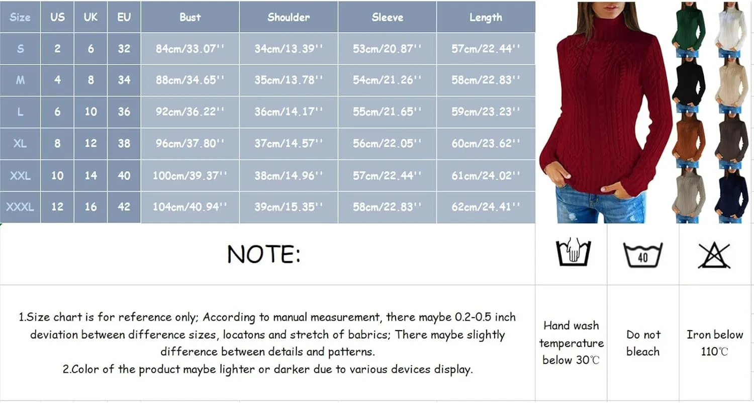 Women Turtleneck Sweater Casual Long Sleeve Pulover Sweaters Chunky Warm Ribbed Cable Knit Tops Jumpers Blouses