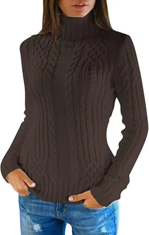 Women Turtleneck Sweater Casual Long Sleeve Pulover Sweaters Chunky Warm Ribbed Cable Knit Tops Jumpers Blouses