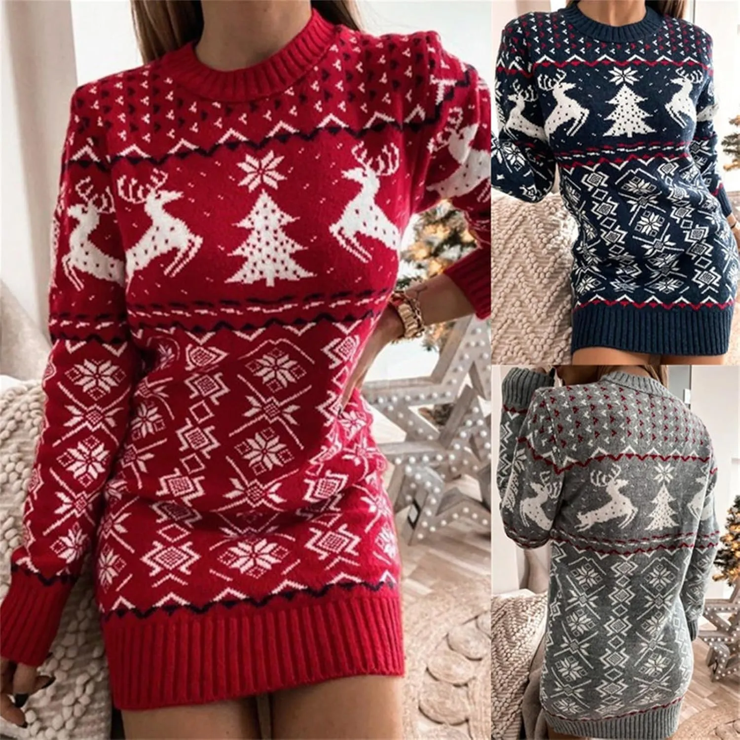 Women Ugly Christmas Tree Reindeer Holiday Knit Sweater Dress Long Sleeve Knitted Jumper Xmas Holiday Themed Sweater