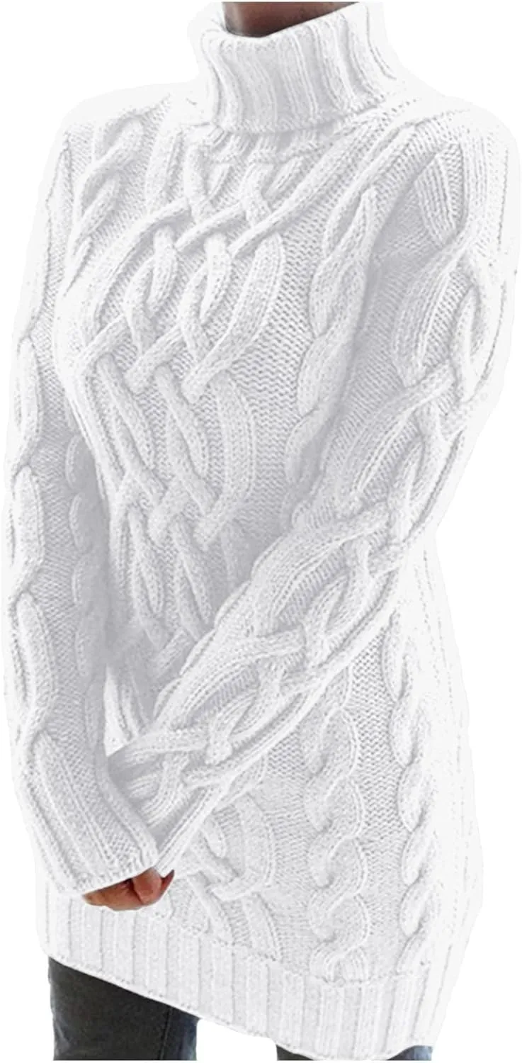Womens Cable Knit Sweater Dress Turtleneck Long Sleeve Pullover Jumper Dresses Slim Fit Chunky Sweaters Fall Winter