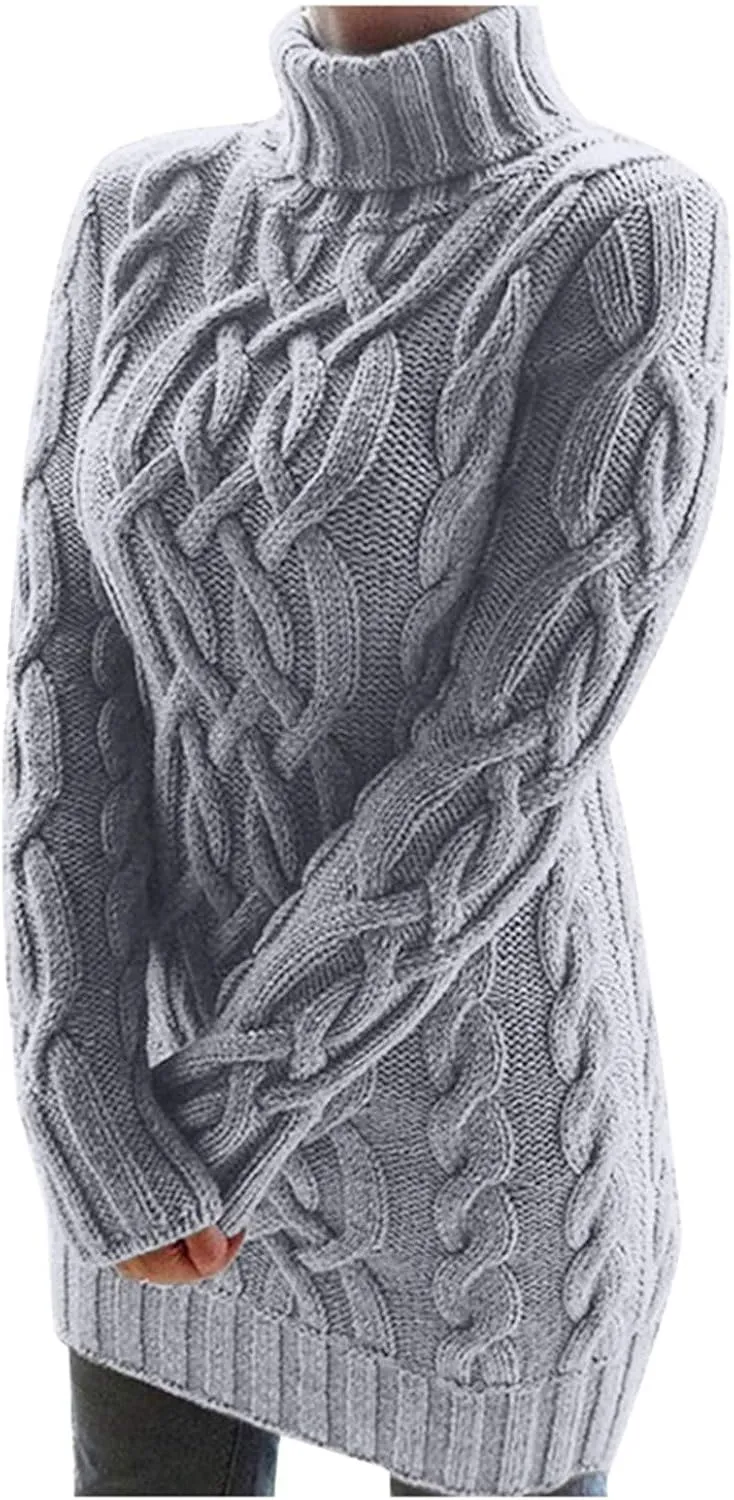 Womens Cable Knit Sweater Dress Turtleneck Long Sleeve Pullover Jumper Dresses Slim Fit Chunky Sweaters Fall Winter
