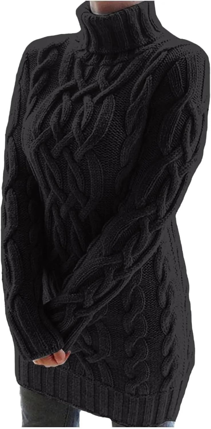 Womens Cable Knit Sweater Dress Turtleneck Long Sleeve Pullover Jumper Dresses Slim Fit Chunky Sweaters Fall Winter