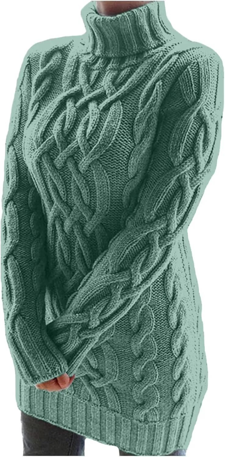 Womens Cable Knit Sweater Dress Turtleneck Long Sleeve Pullover Jumper Dresses Slim Fit Chunky Sweaters Fall Winter