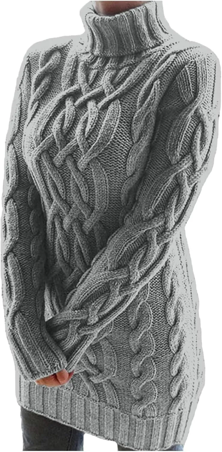 Womens Cable Knit Sweater Dress Turtleneck Long Sleeve Pullover Jumper Dresses Slim Fit Chunky Sweaters Fall Winter