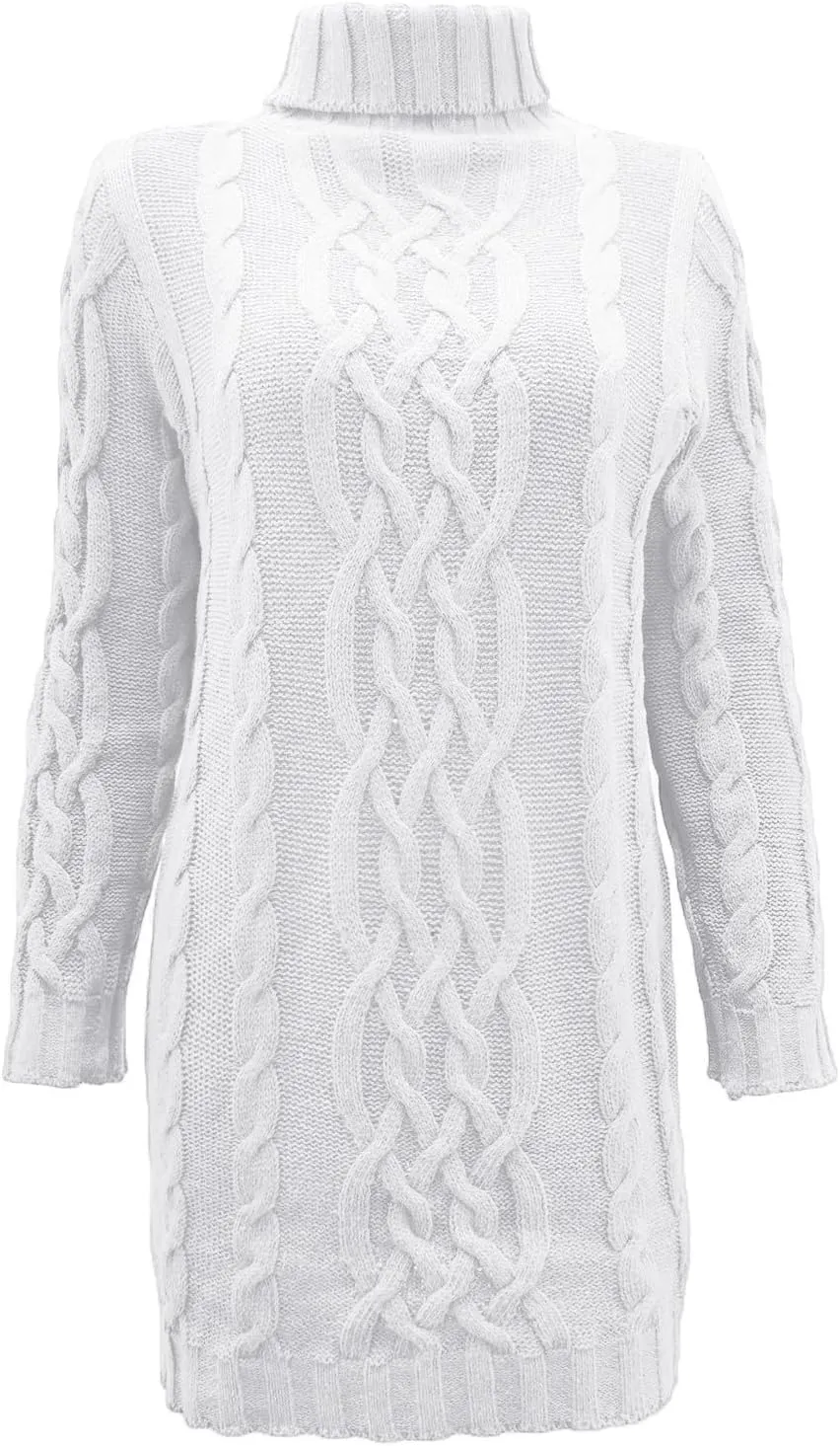 Womens Cable Knit Sweater Dress Turtleneck Long Sleeve Pullover Jumper Dresses Slim Fit Chunky Sweaters Fall Winter