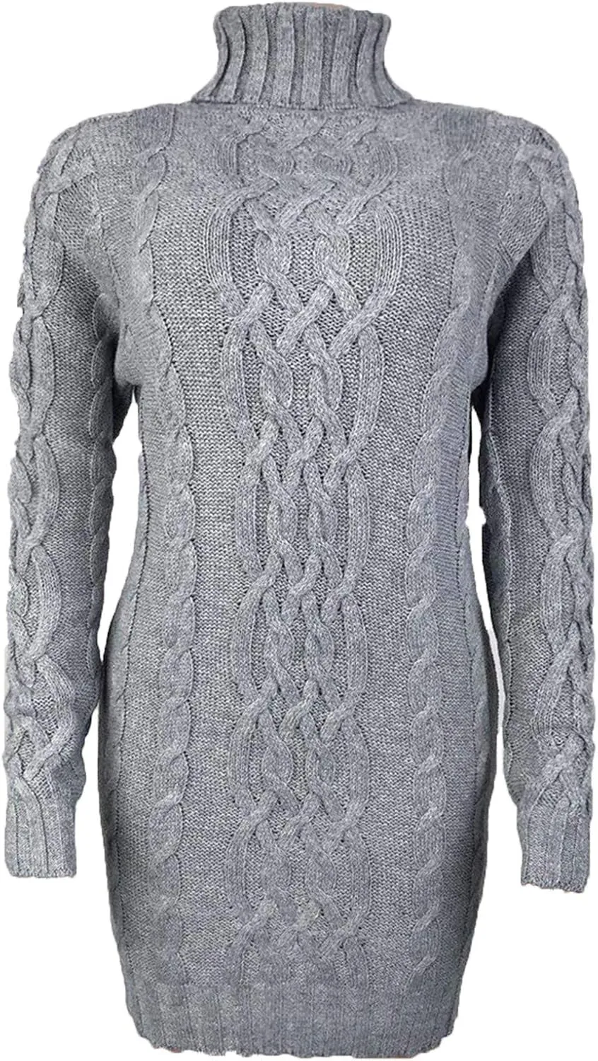 Womens Cable Knit Sweater Dress Turtleneck Long Sleeve Pullover Jumper Dresses Slim Fit Chunky Sweaters Fall Winter