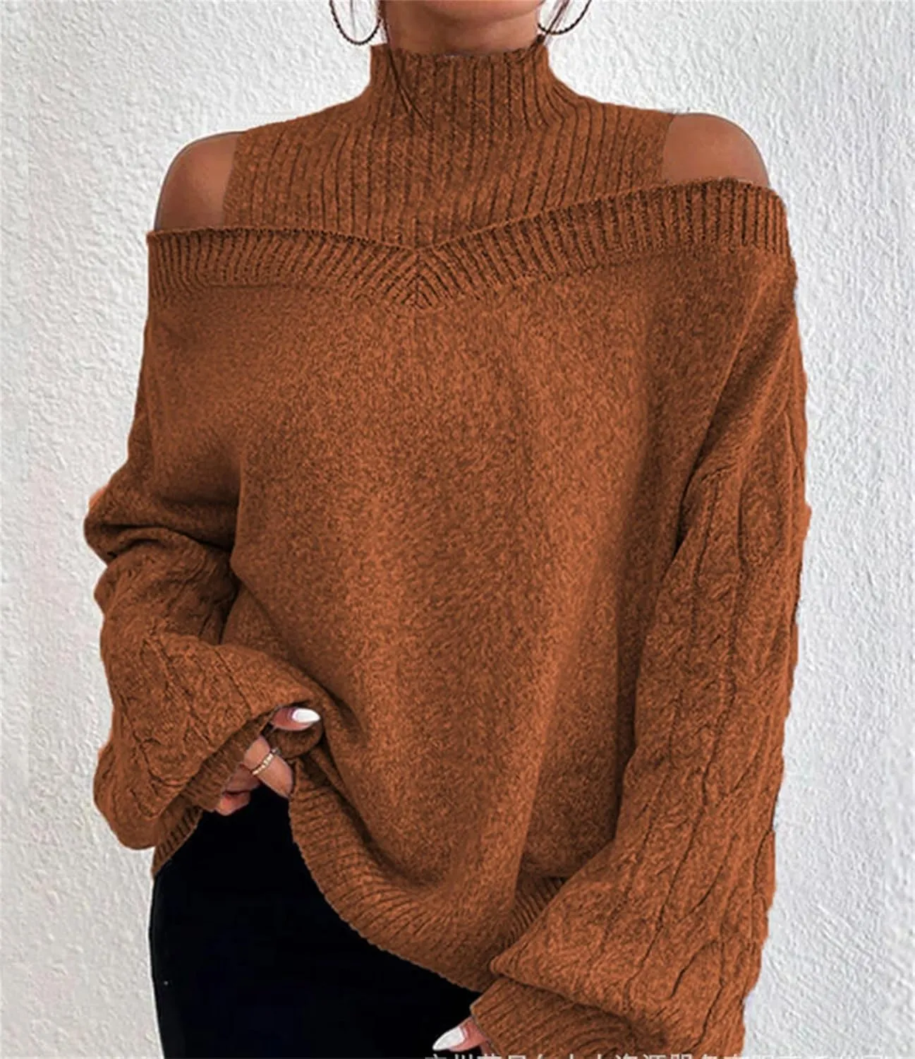 Women's Cable Knit Sweaters Off Shoulder Lantern Sleeve Sweatshirts Loose Turtleneck Pullover Tops 2024 Fall Outfits