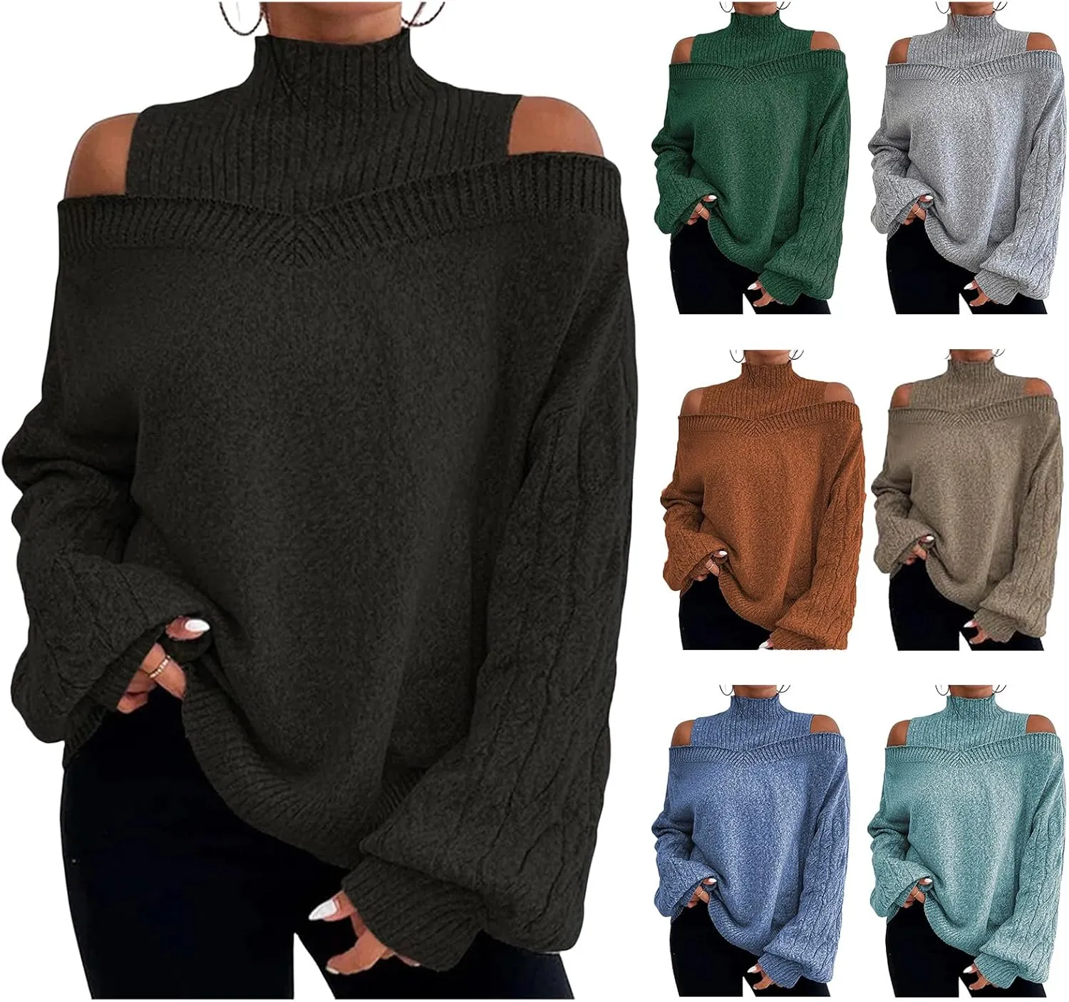Women's Cable Knit Sweaters Off Shoulder Lantern Sleeve Sweatshirts Loose Turtleneck Pullover Tops 2024 Fall Outfits