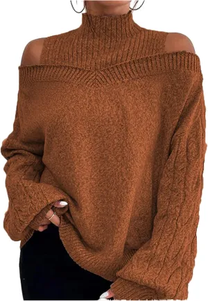 Women's Cable Knit Sweaters Off Shoulder Lantern Sleeve Sweatshirts Loose Turtleneck Pullover Tops 2024 Fall Outfits