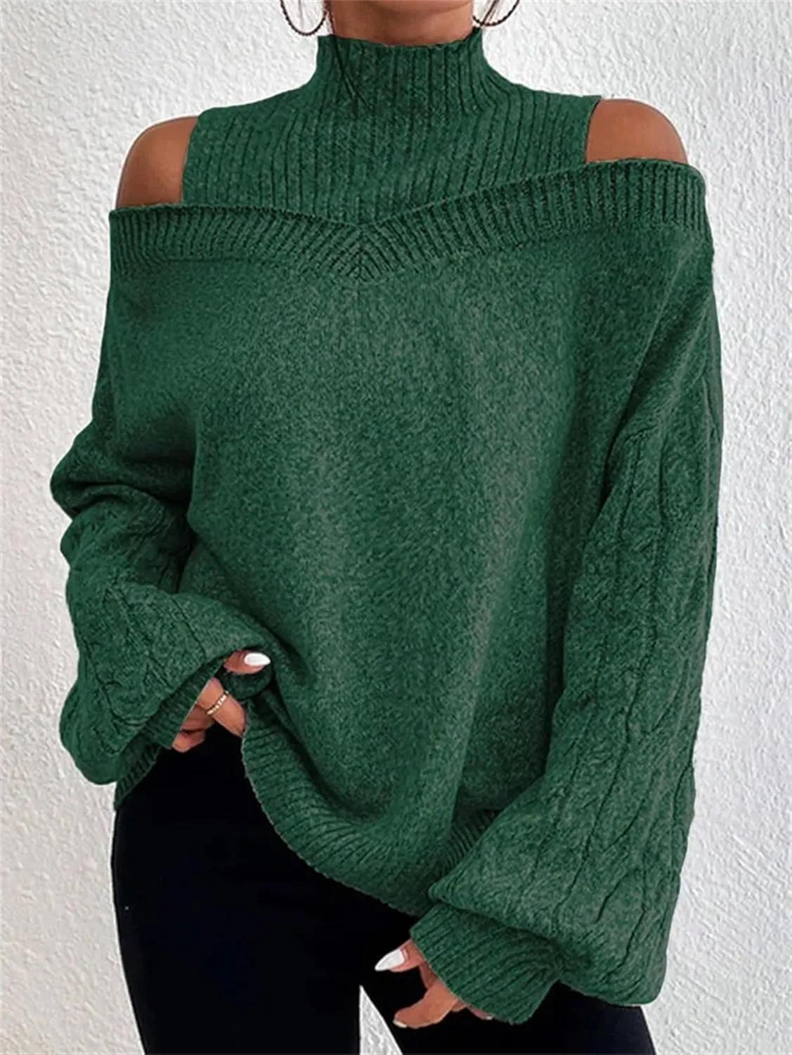 Women's Cable Knit Sweaters Off Shoulder Lantern Sleeve Sweatshirts Loose Turtleneck Pullover Tops 2024 Fall Outfits