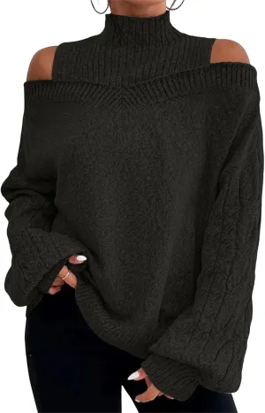 Women's Cable Knit Sweaters Off Shoulder Lantern Sleeve Sweatshirts Loose Turtleneck Pullover Tops 2024 Fall Outfits