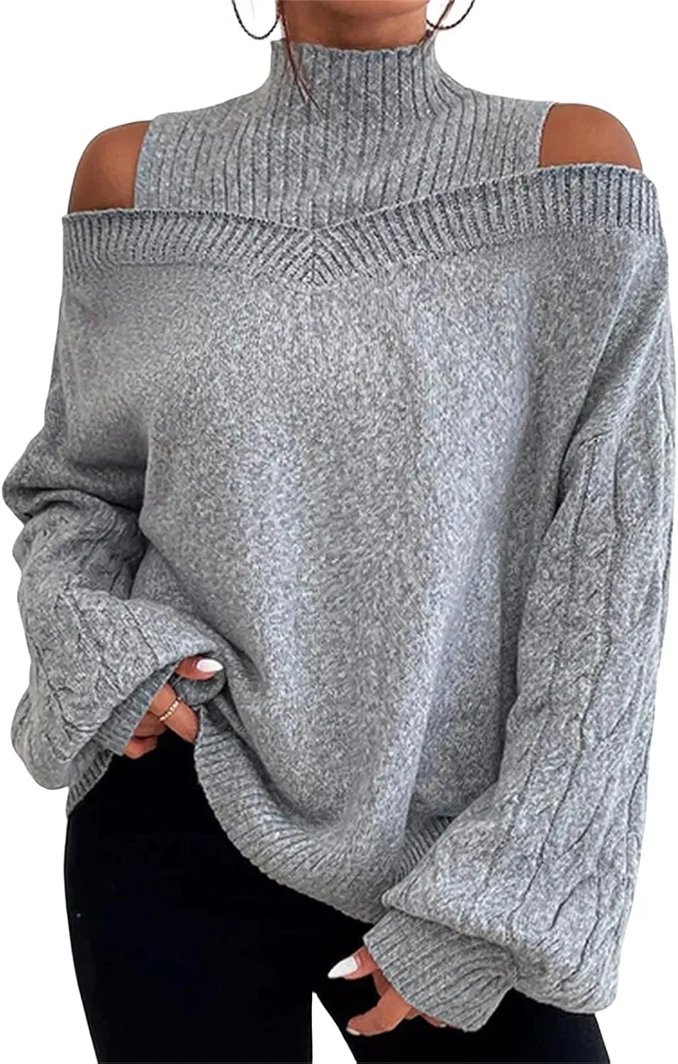 Women's Cable Knit Sweaters Off Shoulder Lantern Sleeve Sweatshirts Loose Turtleneck Pullover Tops 2024 Fall Outfits