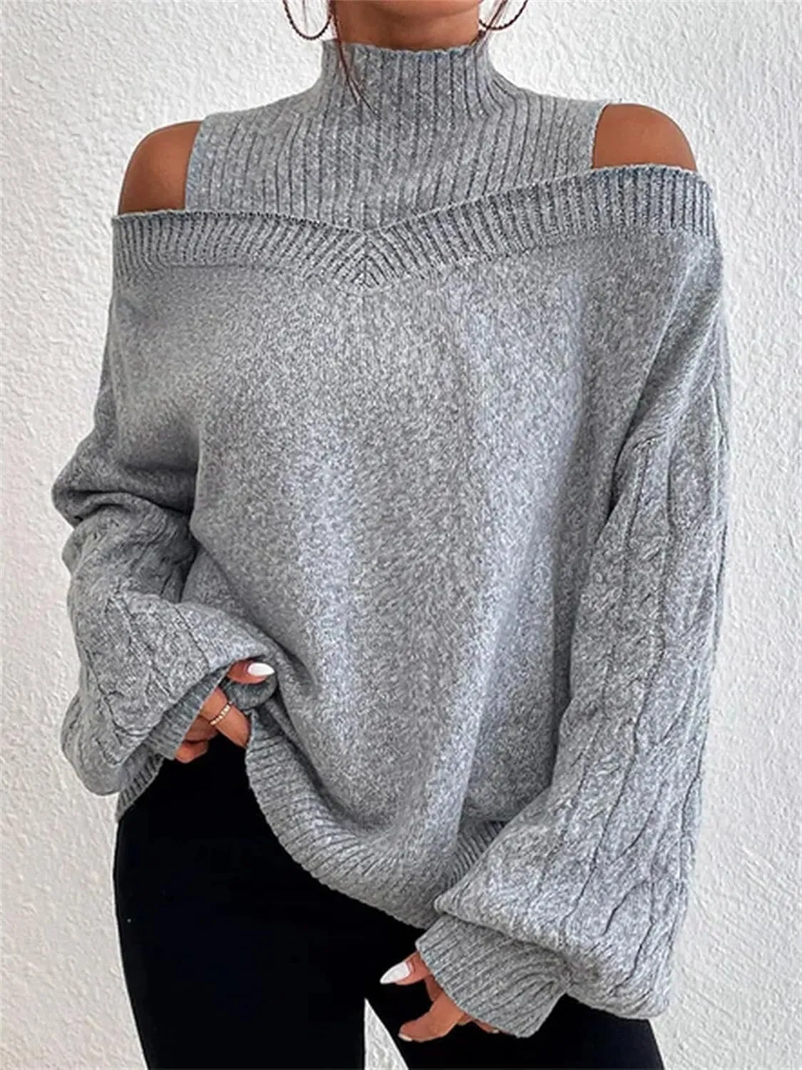 Women's Cable Knit Sweaters Off Shoulder Lantern Sleeve Sweatshirts Loose Turtleneck Pullover Tops 2024 Fall Outfits