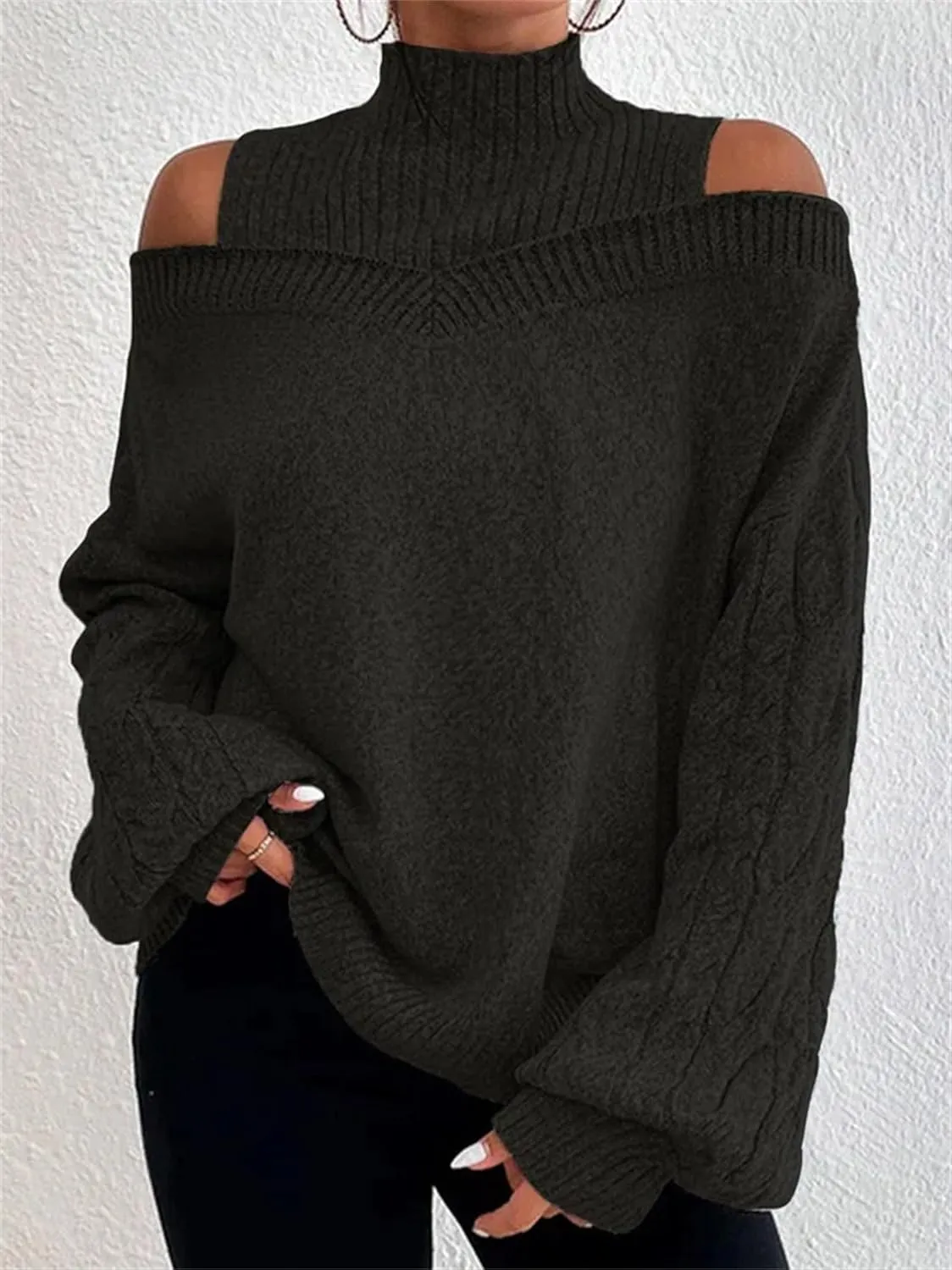 Women's Cable Knit Sweaters Off Shoulder Lantern Sleeve Sweatshirts Loose Turtleneck Pullover Tops 2024 Fall Outfits