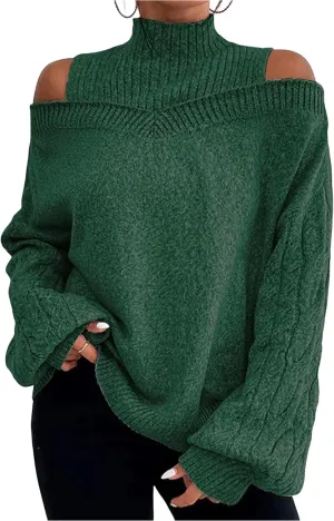 Women's Cable Knit Sweaters Off Shoulder Lantern Sleeve Sweatshirts Loose Turtleneck Pullover Tops 2024 Fall Outfits