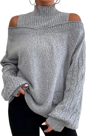 Women's Cable Knit Sweaters Off Shoulder Lantern Sleeve Sweatshirts Loose Turtleneck Pullover Tops 2024 Fall Outfits