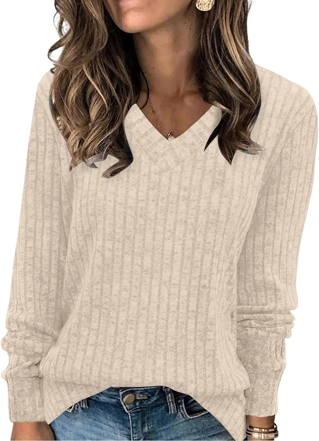 Womens Casual Sweaters Long Sleeve V Neck Shirts Ribbed Knit Tunic Pullover Fall Fashion Clothes