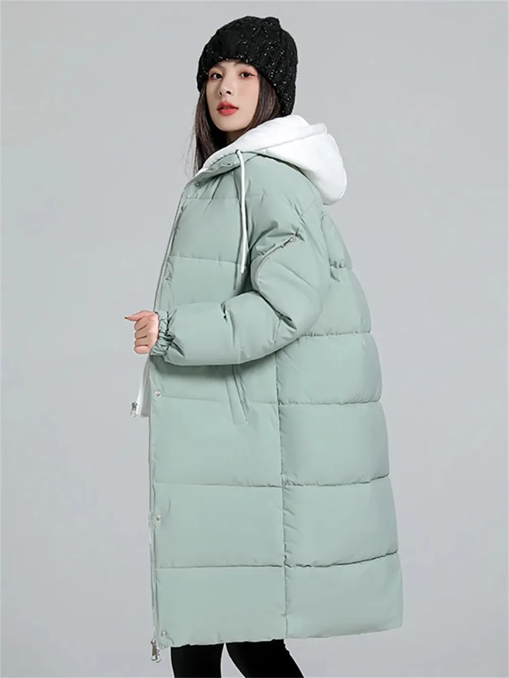 Women's Cotton Padded Snow Parkas Jacket Winter Long Thick Puffer Spliced Hooded Down Coat