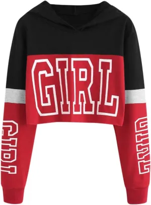 Women's Cropped Hoodies Girl Letter Print Pullover Crop Top Long Sleeves Fleece Hooded Sweatshirt Fall Outfits