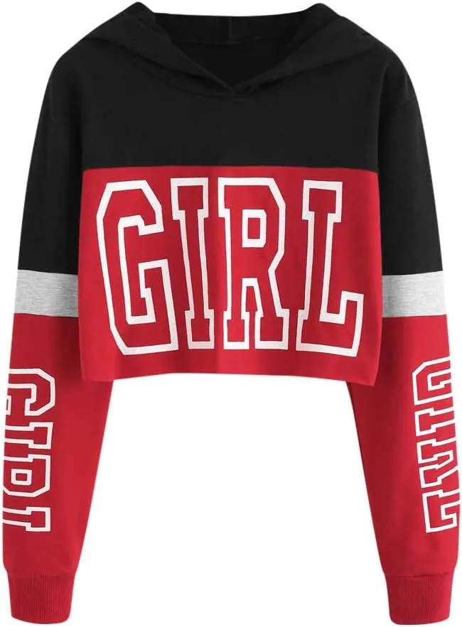 Women's Cropped Hoodies Girl Letter Print Pullover Crop Top Long Sleeves Fleece Hooded Sweatshirt Fall Outfits