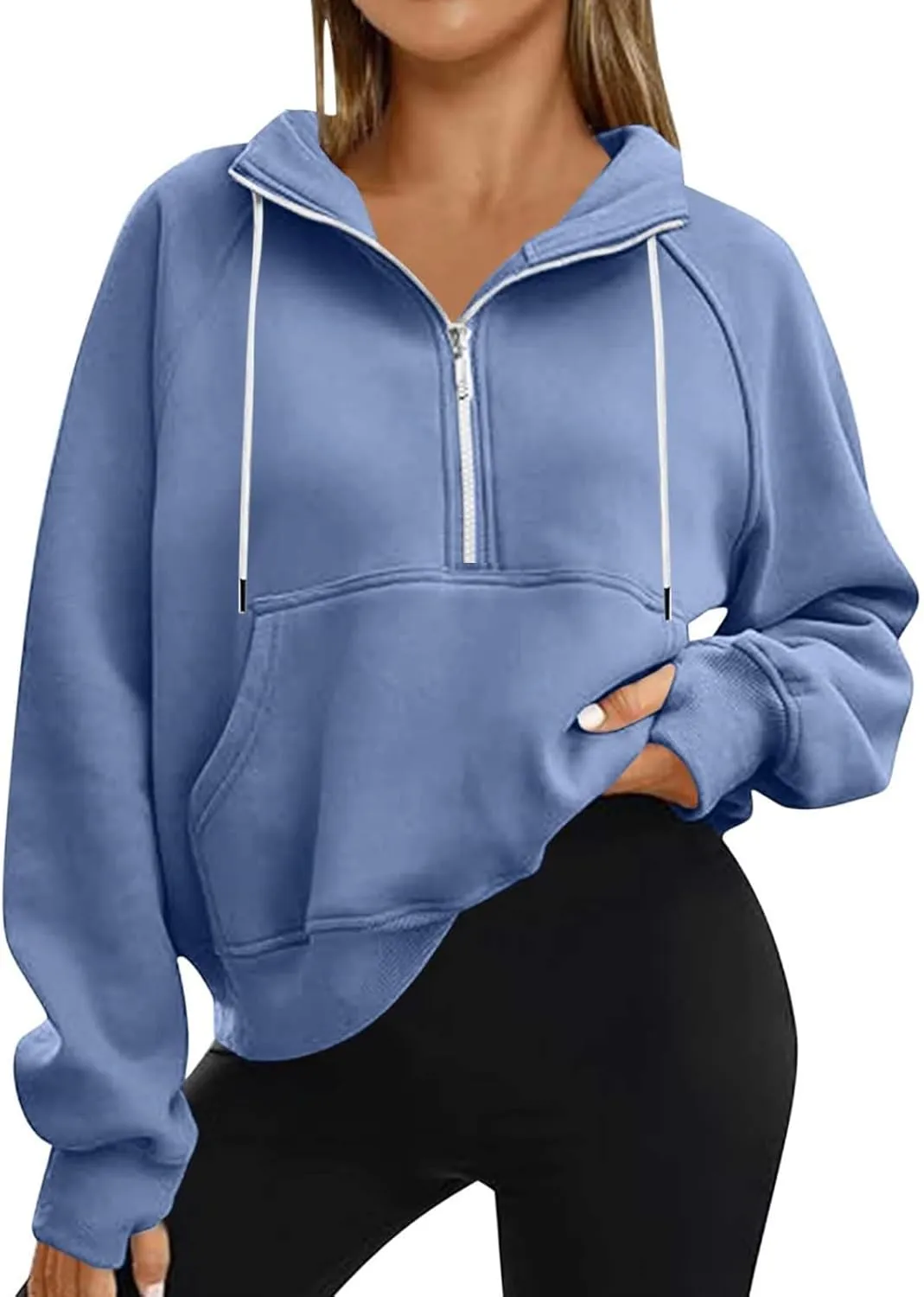 Womens Cropped Hoodies Half Zip Fleece Sweatshirts Oversized Drawstring Pullover Fall Outfits with Thumb Hole