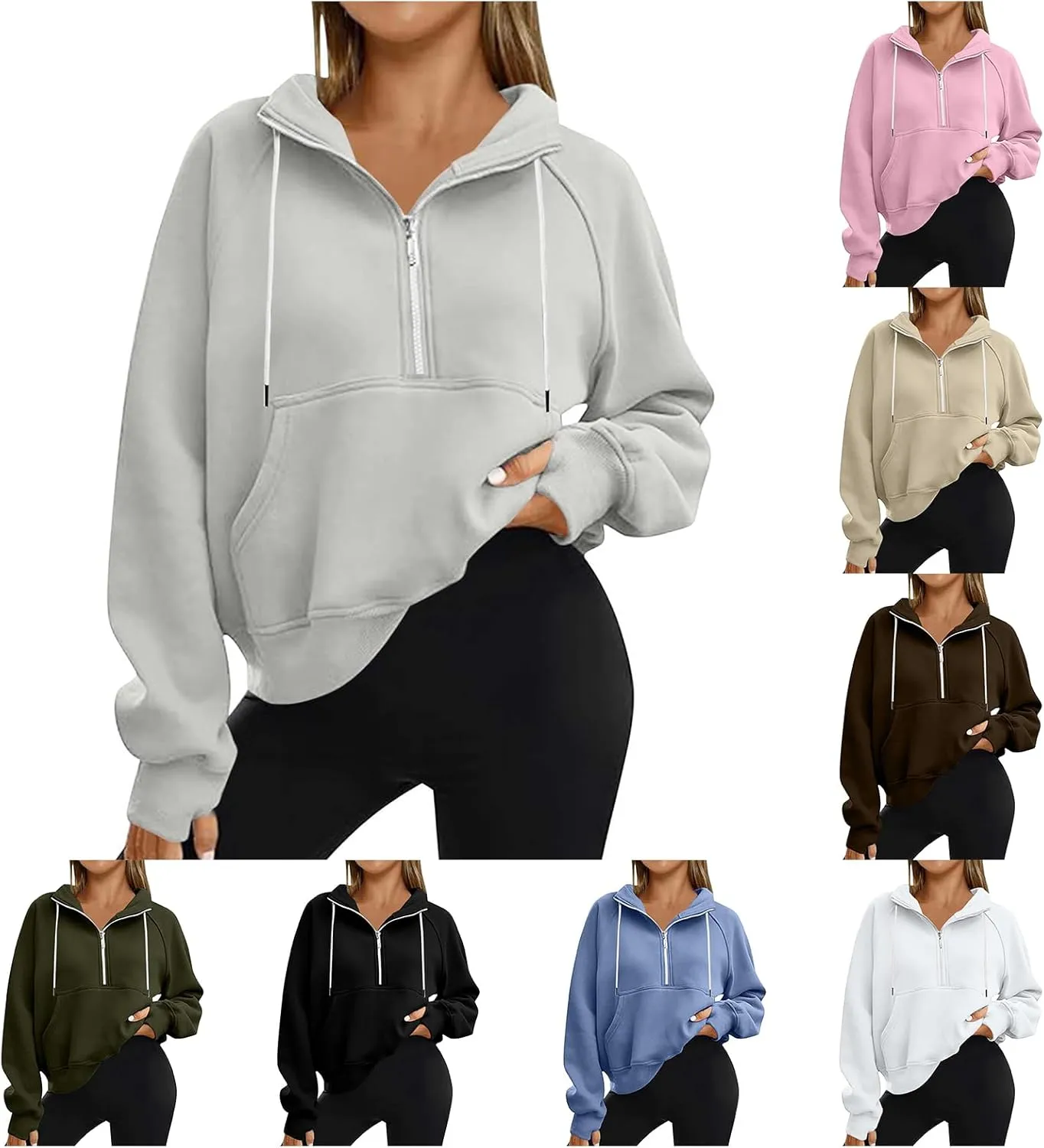 Womens Cropped Hoodies Half Zip Fleece Sweatshirts Oversized Drawstring Pullover Fall Outfits with Thumb Hole