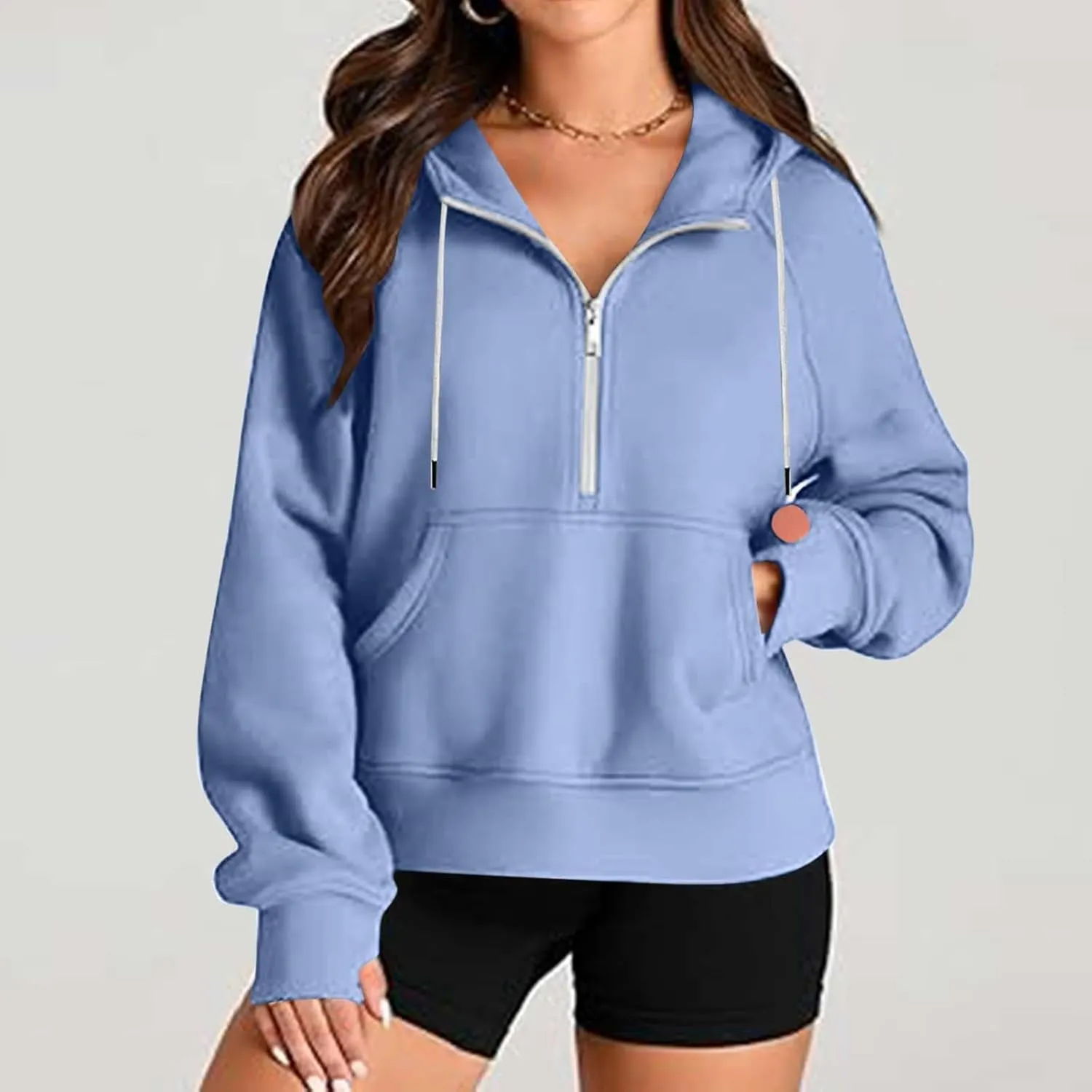 Womens Cropped Hoodies Half Zip Fleece Sweatshirts Oversized Drawstring Pullover Fall Outfits with Thumb Hole