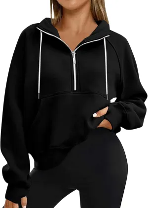 Womens Cropped Hoodies Half Zip Fleece Sweatshirts Oversized Drawstring Pullover Fall Outfits with Thumb Hole