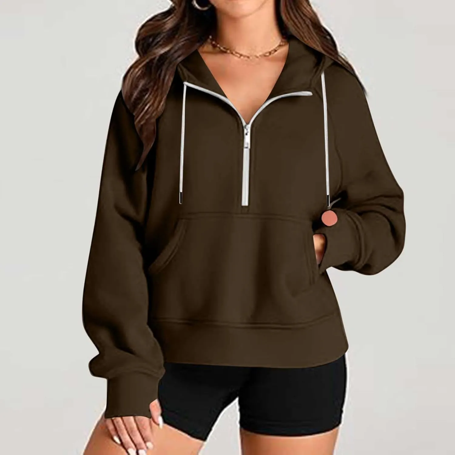 Womens Cropped Hoodies Half Zip Fleece Sweatshirts Oversized Drawstring Pullover Fall Outfits with Thumb Hole