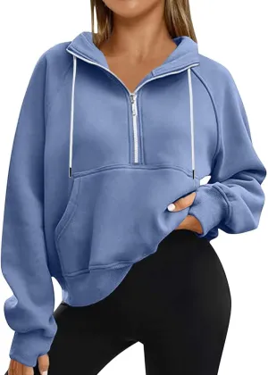 Womens Cropped Hoodies Half Zip Fleece Sweatshirts Oversized Drawstring Pullover Fall Outfits with Thumb Hole