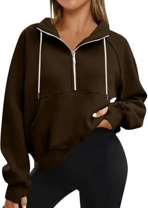 Womens Cropped Hoodies Half Zip Fleece Sweatshirts Oversized Drawstring Pullover Fall Outfits with Thumb Hole