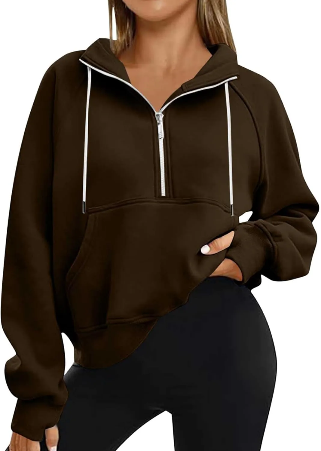 Womens Cropped Hoodies Half Zip Fleece Sweatshirts Oversized Drawstring Pullover Fall Outfits with Thumb Hole