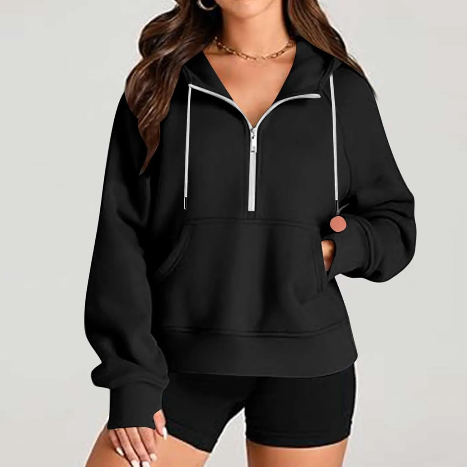 Womens Cropped Hoodies Half Zip Fleece Sweatshirts Oversized Drawstring Pullover Fall Outfits with Thumb Hole