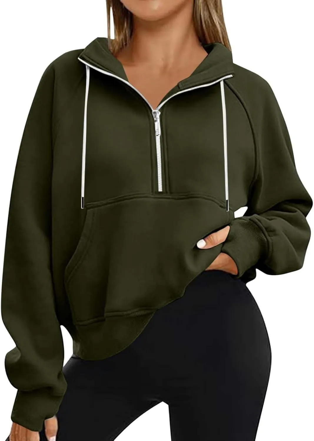 Womens Cropped Hoodies Half Zip Fleece Sweatshirts Oversized Drawstring Pullover Fall Outfits with Thumb Hole