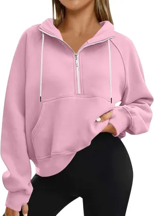 Womens Cropped Hoodies Half Zip Fleece Sweatshirts Oversized Drawstring Pullover Fall Outfits with Thumb Hole