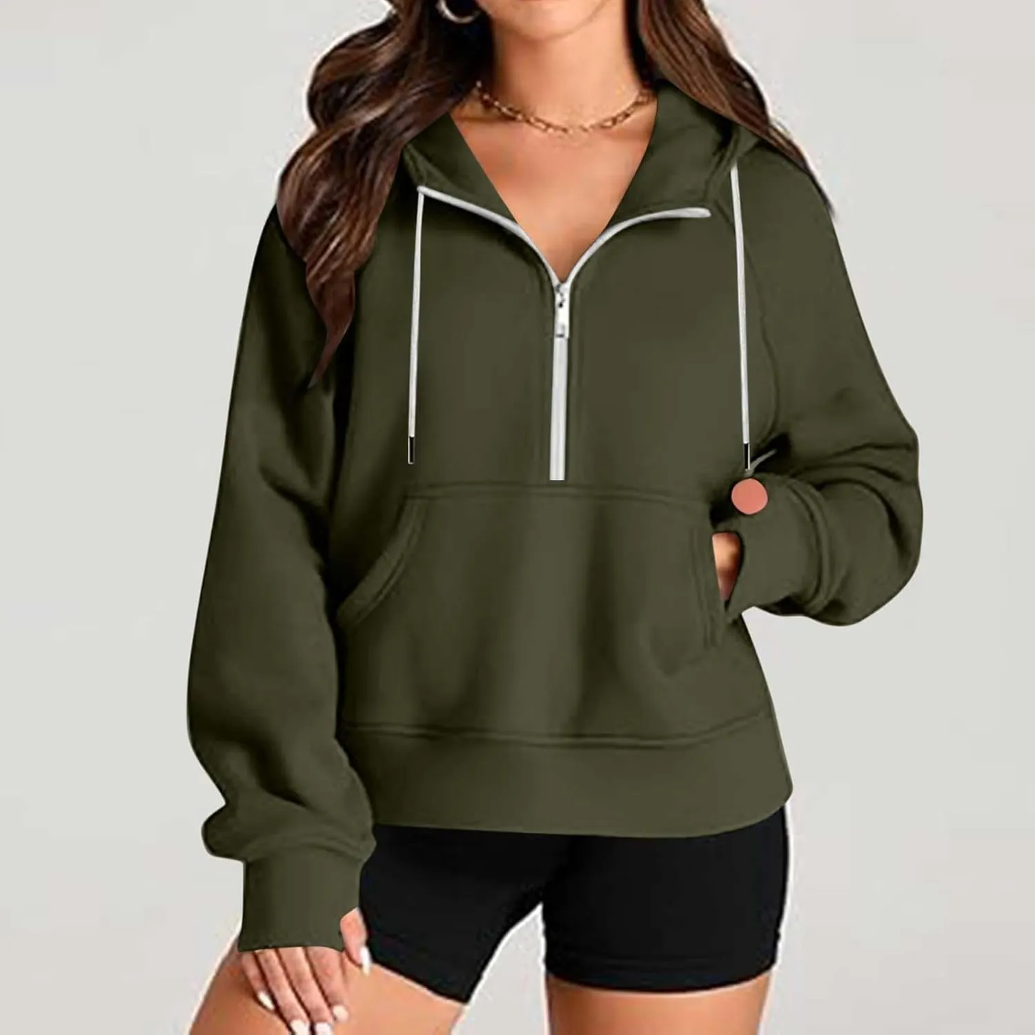 Womens Cropped Hoodies Half Zip Fleece Sweatshirts Oversized Drawstring Pullover Fall Outfits with Thumb Hole