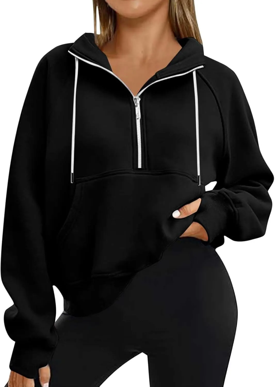 Womens Cropped Hoodies Half Zip Fleece Sweatshirts Oversized Drawstring Pullover Fall Outfits with Thumb Hole