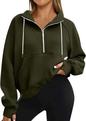 Womens Cropped Hoodies Half Zip Fleece Sweatshirts Oversized Drawstring Pullover Fall Outfits with Thumb Hole