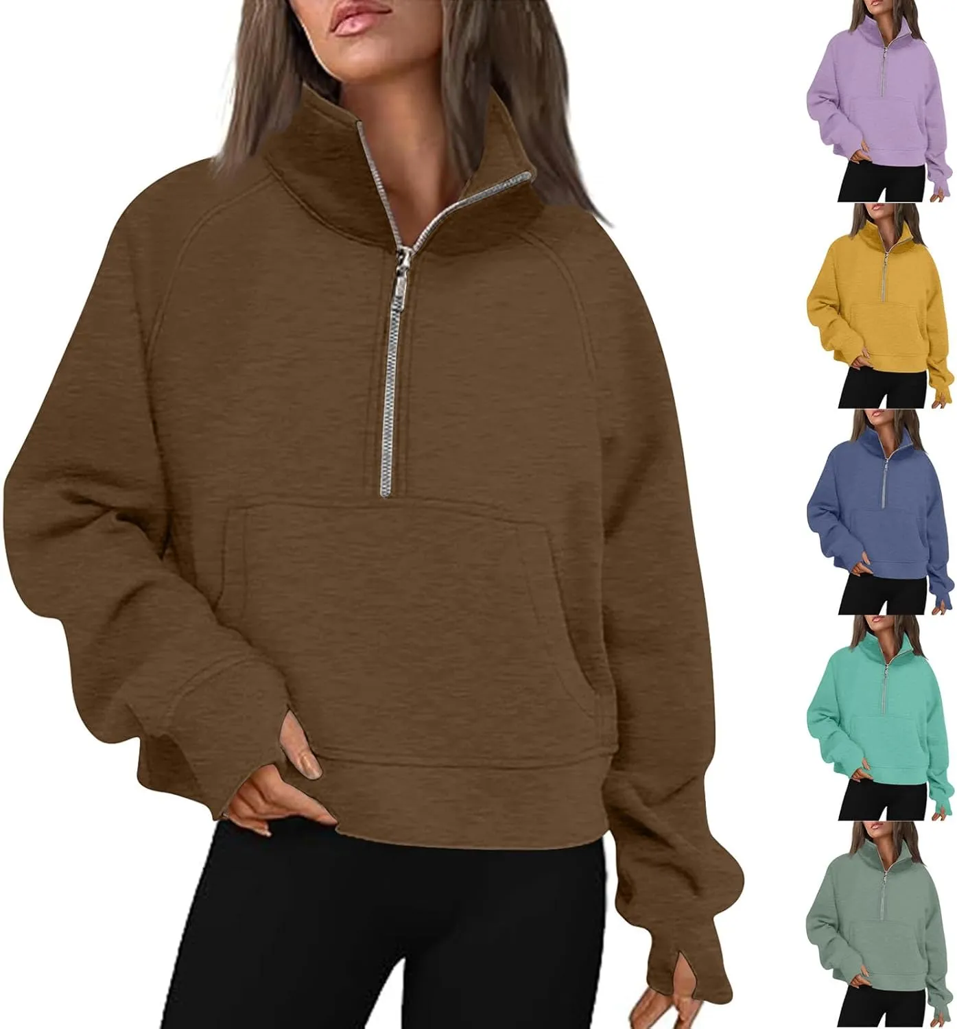 Women's Cropped Hoodies Half Zip Thumb Hole Fleece Sweatshirt Oversized Casual Pullover Athletic Workout Tops