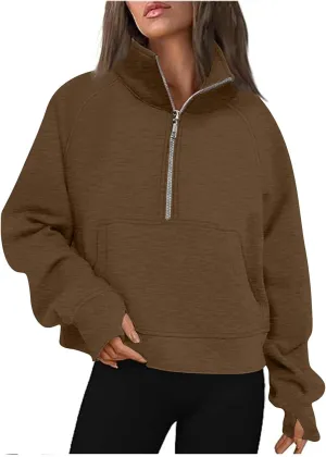 Women's Cropped Hoodies Half Zip Thumb Hole Fleece Sweatshirt Oversized Casual Pullover Athletic Workout Tops