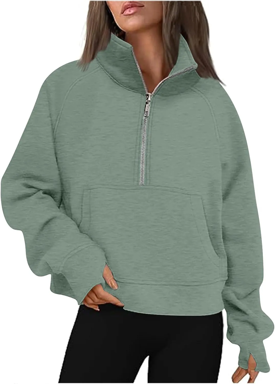Women's Cropped Hoodies Half Zip Thumb Hole Fleece Sweatshirt Oversized Casual Pullover Athletic Workout Tops