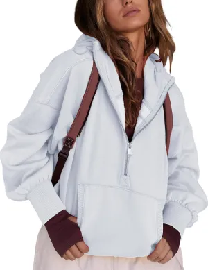 Women's Cropped Hoodies Half Zip Up Fleece Sweatshirts Long Sleeve Kangaroo Pocket Hooded Pullover
