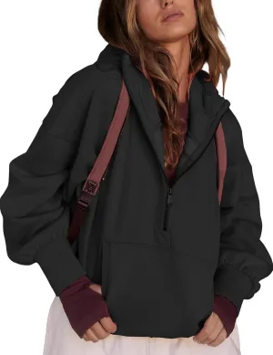 Women's Cropped Hoodies Half Zip Up Fleece Sweatshirts Long Sleeve Kangaroo Pocket Hooded Pullover