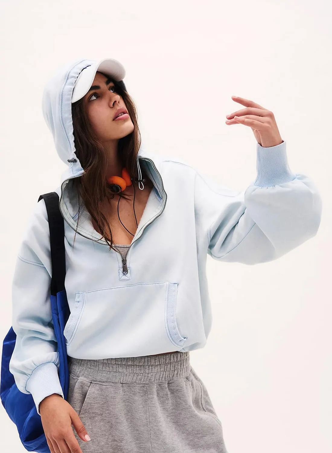 Women's Cropped Hoodies Half Zip Up Fleece Sweatshirts Long Sleeve Kangaroo Pocket Hooded Pullover