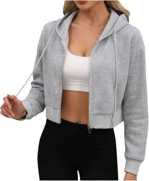 Women's Cropped Hoodies Y2k Fleece Sweatshirt with Drawstring Workout Hooded Sweater Jacket Winter Clothes 2024