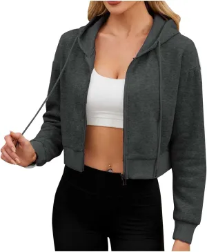 Women's Cropped Hoodies Y2k Fleece Sweatshirt with Drawstring Workout Hooded Sweater Jacket Winter Clothes 2024