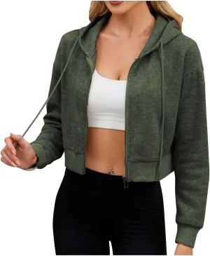 Women's Cropped Hoodies Y2k Fleece Sweatshirt with Drawstring Workout Hooded Sweater Jacket Winter Clothes 2024