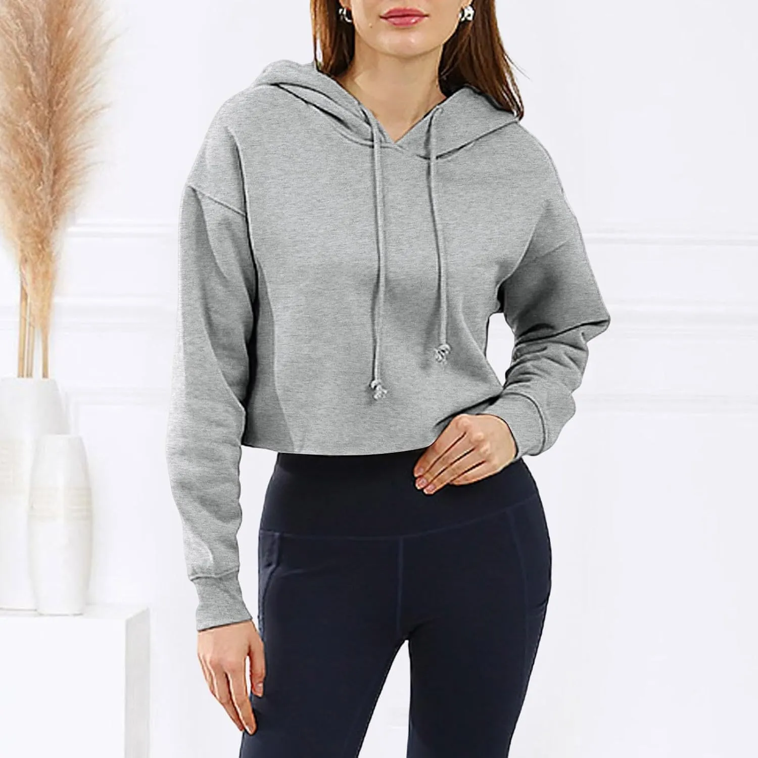 Women's Cropped Sweatshirts Long Sleeve Solid Color Drawstring Crop Top Pullover Fashion Casual Y2K Clothes Hoodies